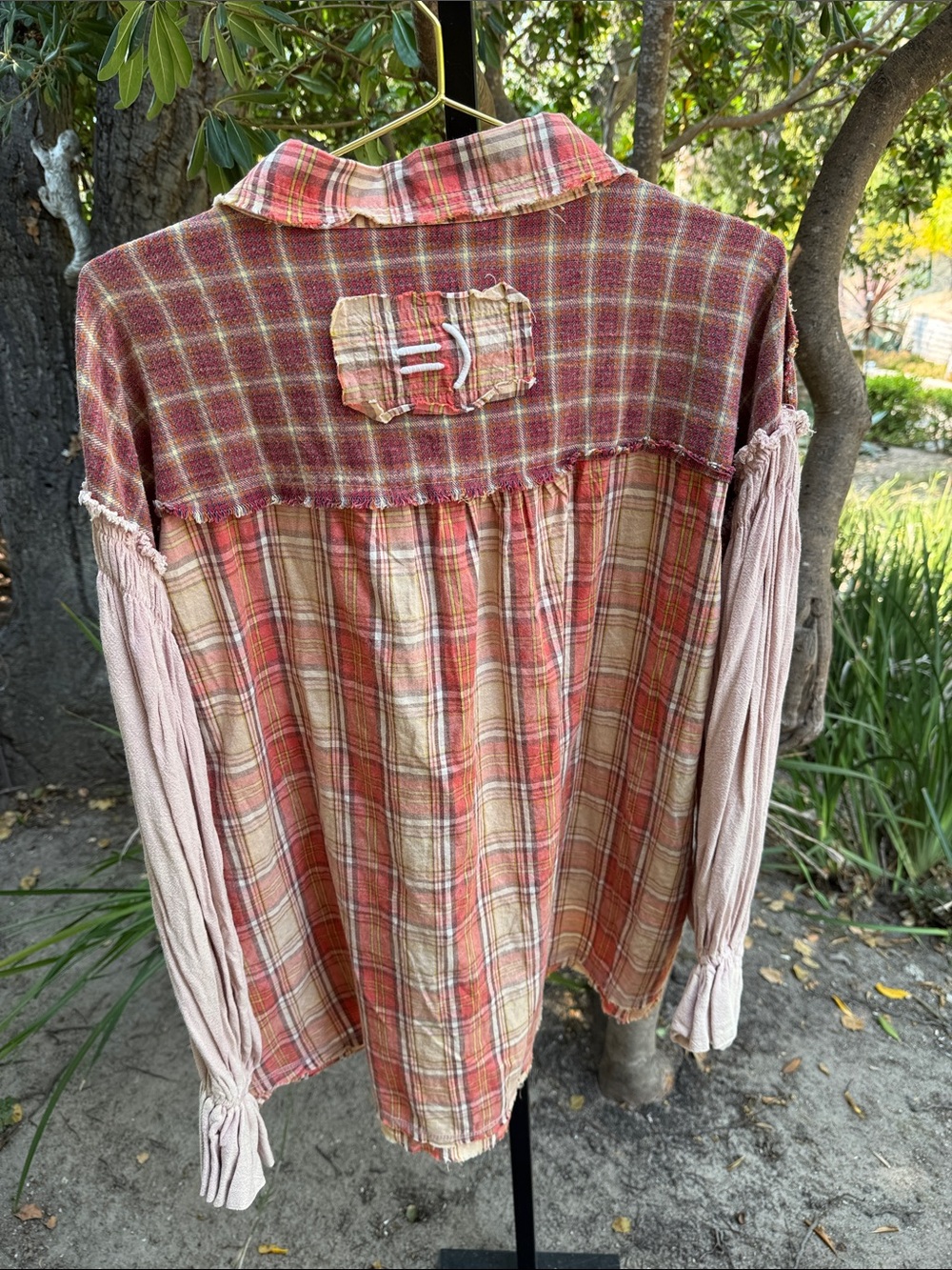 Oli & Hali Mixed-Media Plaid Button-Down Shirt in Red and Cream
